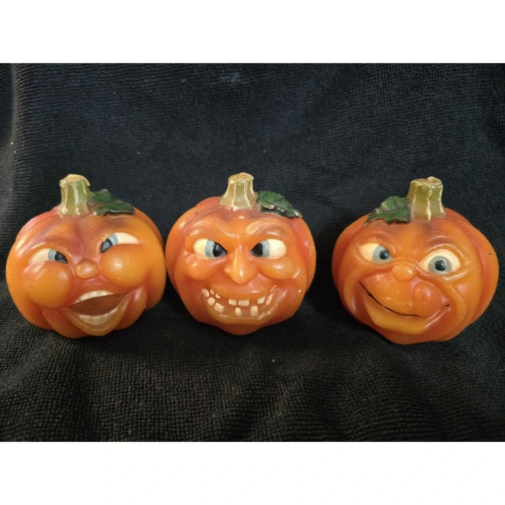 Vintage Halloween Pumpkin Jack O Lantern Faces Wax Candle Anthropomorphic‎ Qty 3